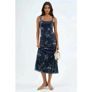 Rochie Midi - Florala - cu Guler Inima - Albastru - poliester/elastan imagine