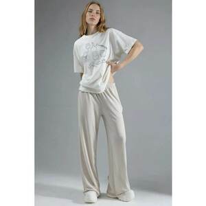 Pantaloni dama - talie elastica - croiala dreapta - ecru - textil sintetic imagine